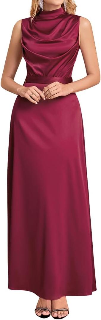 Women Satin Formal Long Dress Elegant Mock Neck Ruched Cocktail Wedding Guest Party Maxi Dress with Belt (Red, L)