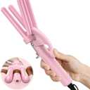 Farery Mini Hair Waver, 1/2 Inch 3 Barrel Curling Iron for Short & Long Hair, Adjustable Heat, Deep Mermaid Waves & Volume, Dual Voltage Travel Hair Crimper, Sakura Pink