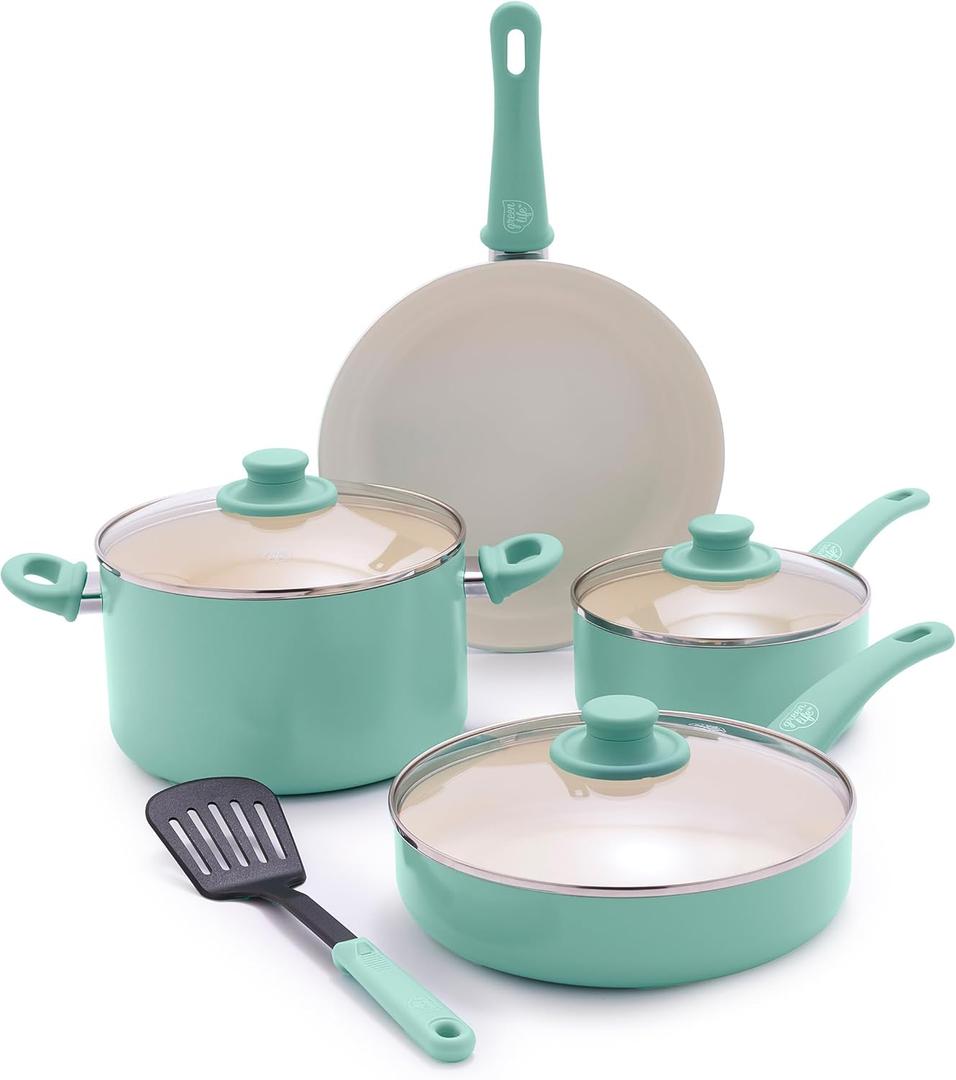 GreenLife Soft Grip 8 Piece Cookware Set, Non-Toxic PFAS-Free Ceramic Nonstick, Frying, Sauce, Saut, Utensils, Glass Lids, Stay-Cool Handles, Wobble Free, Dishwasher & Oven Safe, Turquoise (8 Piece Cookware Set, Turquoise)