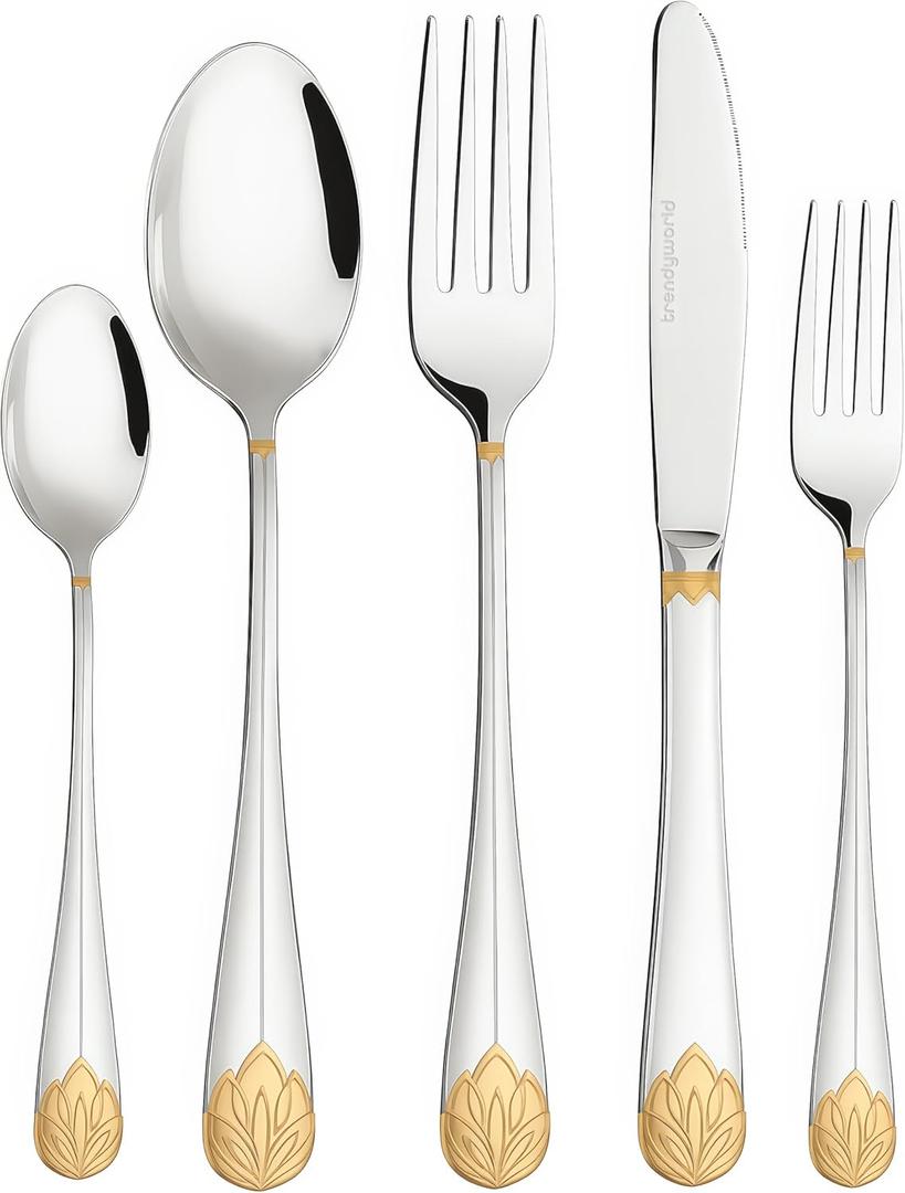 Silverware Set Limited Edition  30 Piece Family Dinnerware Set  Flatware Set for 6  Silver Tableware Set w/Gold Accents  Spoons, Knives, Teaspoons, Forks, Salad Forks