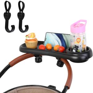 Stroller Snack Tray, 3 in 1 Stroller Cup Holder with Phone Holder and 2 Pack Love Heart Hangers Stroller Tray Attachment for Baby Toddler Kids