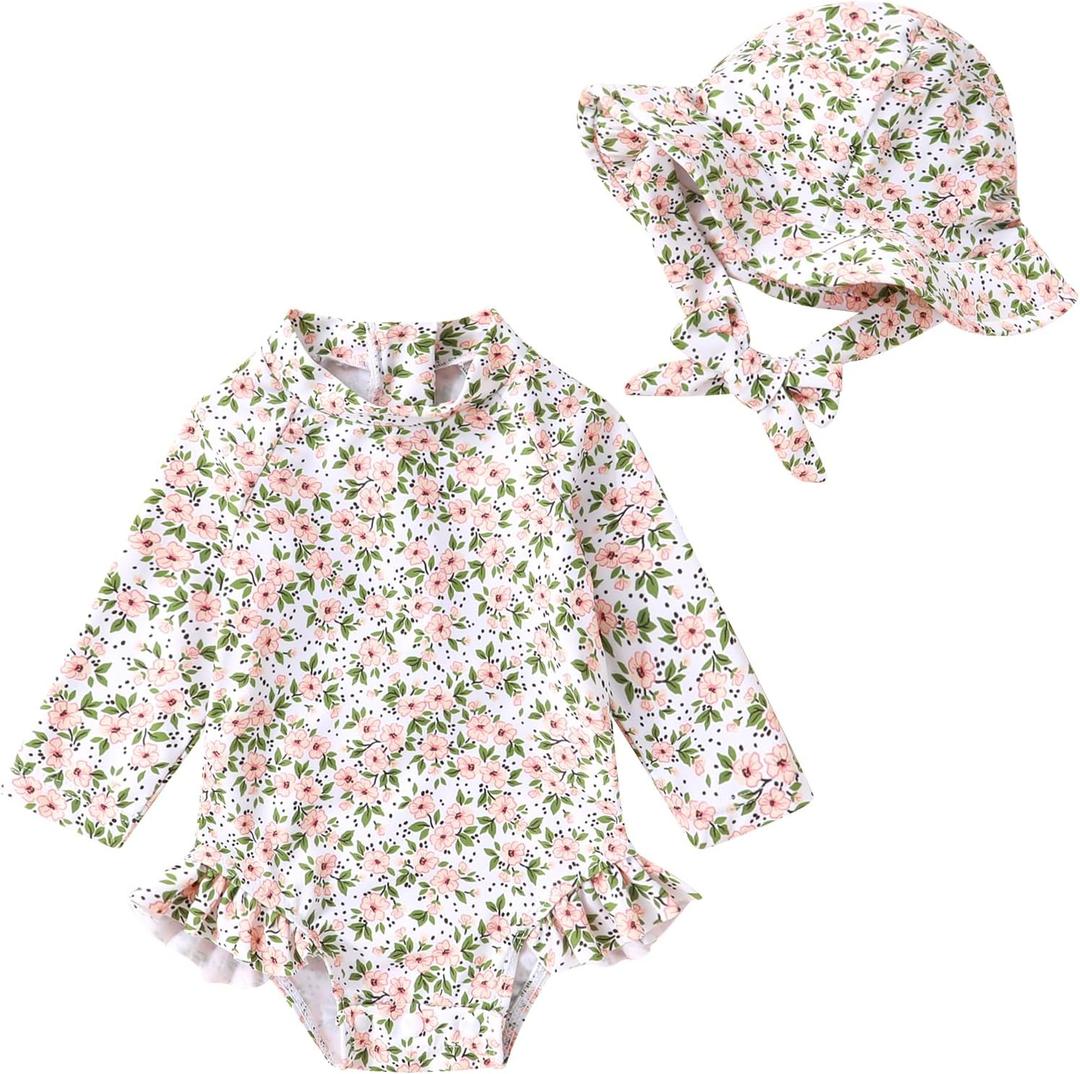 Infant Baby Girl Swimsuit One-Piece Long Sleeve Rash Guard with Hat Set Floral Zipper Bathing Suit Leopard Beach Wear, Size 2T-3T