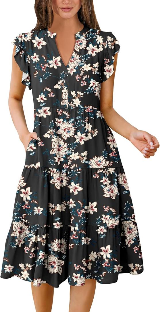 ANRABESS Womens Summer Dress Ruffle Sleeve V Neck Midi Dresses Fashion Casual Fit Flowy Tiered Boho Beach Vacation Sundress (Large, Black Yellow Flower)