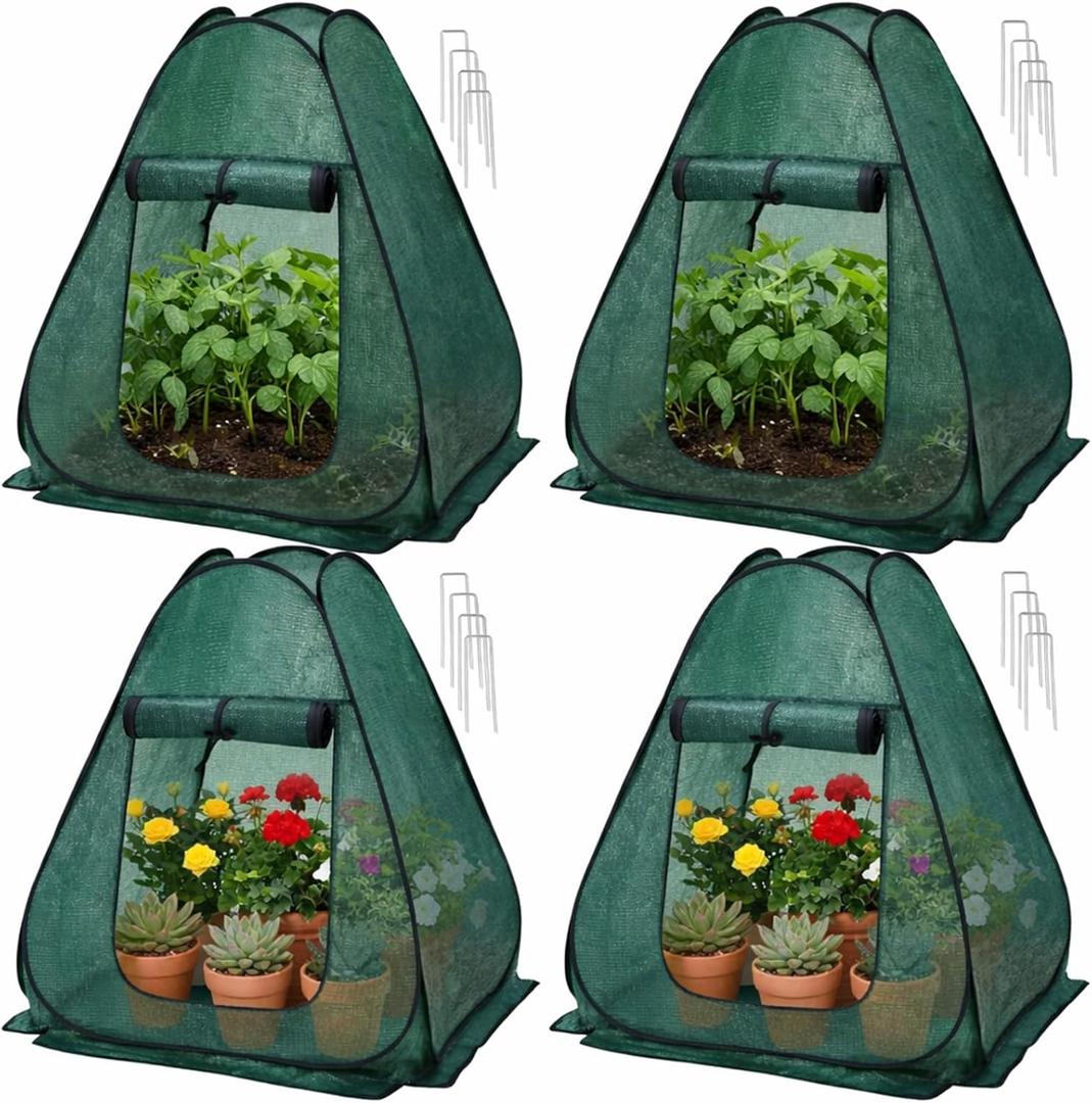 4 Pack 28" x 28" x 32" Pop up Plant Covers with Zipper Door and Stakes, Garden Netting, Crop Cage Against Birds, Small Animals and Direct Sunlight