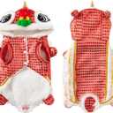 Chinese Dance Lion Dog Costume Chinese New Year Hoodies Spring Festival Winter Dog Warm Clothes Pet Coat Dress Up, Red, Large