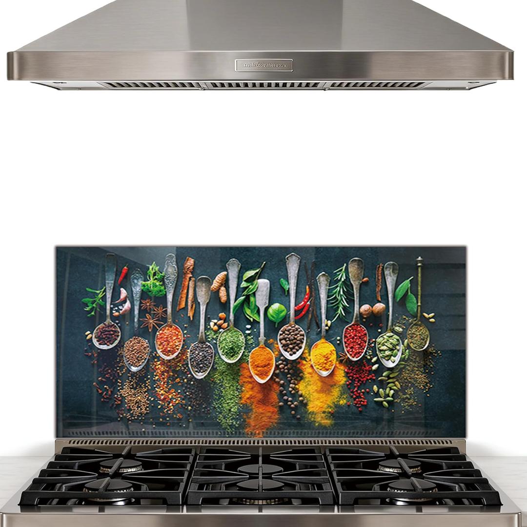 DAIFURONGE Tempered Glass Backsplash for Kitchen, Behind Stove Panel, Art Deco Spice Design, Easy to Clean Glass Splashback, Splash Guard, Wall Decor, 30"x14"(76.2x35.56cm)