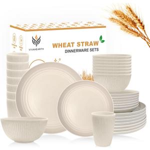 Wheat Straw Dishes Set for 8, Dinnerware Sets 32 piece, Unbreakable Plates, Bowls, Cups Sets for Kitchen Parties Camping RV - Beige