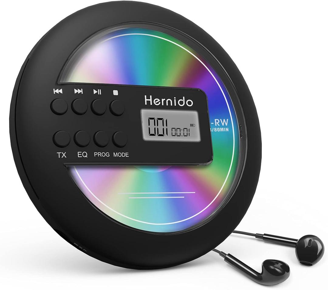 Rechargeable Portable CD Player for Car, Hernido Discman with FM Transmitter, 20 Hours Playtime Personal Compact Disc CD Player, USB MP3 Player with Headphones, Anti-Skip & Resume Playback