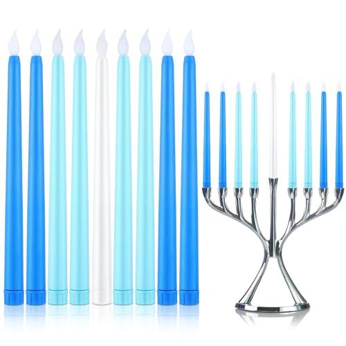 Baquler 9 Pcs LED Hanukkah Candles Blue and White Battery Operated Flameless Taper Candles 0.8 x 11.2 Inch Tall for Hanukkah Christmas Wedding Birthday Home Decor Gifts