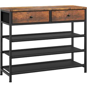 usikey Shoe Rack, 4 Tier Shoe Storage Organizer with 2 Drawers, Metal Shoe Shelf for 12-15 Pairs of Shoes, with 3 Oxford Fabric Shelves and Wooden Top, Shoe Stand for Entryway, Rustic Brown UNYXJX008F