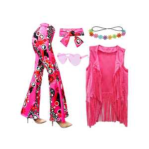 ATAMET 6 Pcs 60s 70s Hippie Costume Disco Outfits Fringe Vest Boho Bell Bottoms Peace Accessories Set Halloween for Women 3XL