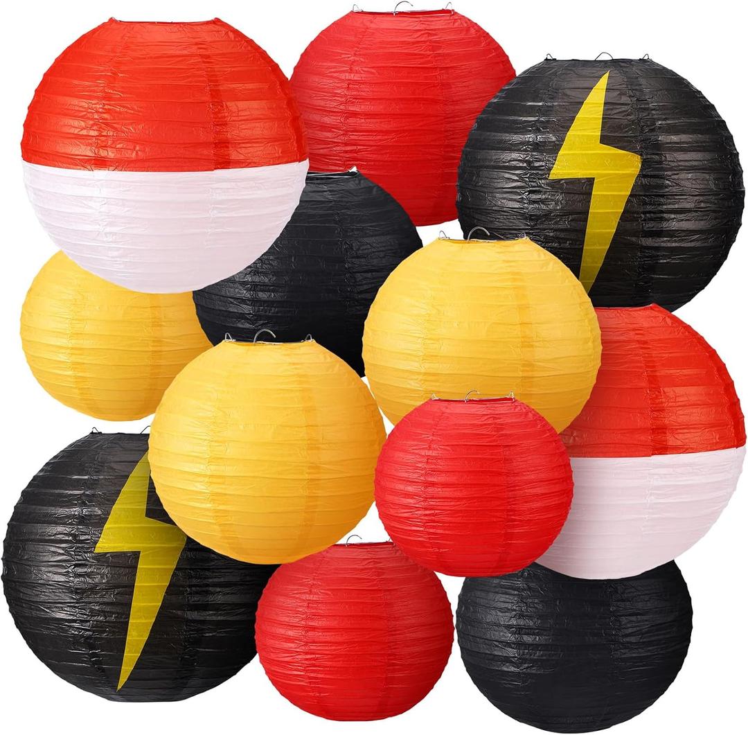 Weysat 12 Pcs Cartoon Ball Animation Themed Hanging Paper Lanterns Cartoon Game Anime Themed Red Black Yellow and White Round Lantern Decorations for Birthday Party Shower Classroom Home Decor