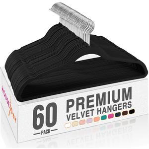 HOUSE DAY Black Velvet Hangers 60 Pack, Non Slip Clothes Felt Hanger Heavy Duty for Coat, Premium Slim Space Saving Suit Hangers for Closet Organizer, 360 Rotating Silver Hook