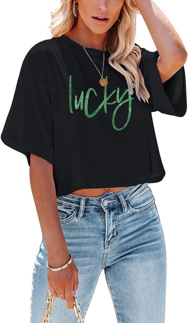 St Patricks Day Shirt Women Luck Shamrock Shirts Cute Saint Patricks Day Crop Top Irish Raglan Shirt (Black, S)