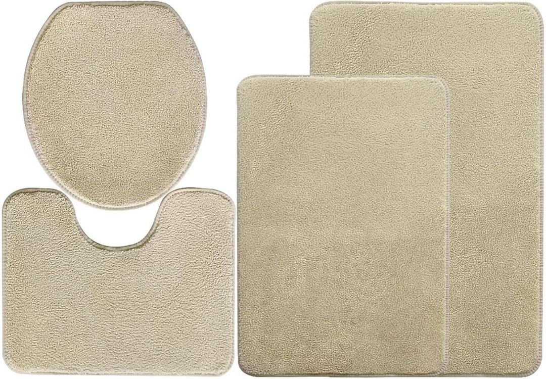 Bathroom Rug Sets, 4 Pieces Soft Area Rugs Set, Toilet Base Mat Carpet, Absorbent Washable Mats Dry Quickly, Home Dcor and Bath Room Accessories, Khaki