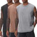 Mens Workout Tank Tops Sleeveless Tee Shirts Men Muscle Shirt Gym Acid Wash T Shirts Running Beach Loose Fit Tee (Large, Black+grey+coffee)