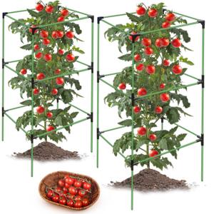 2 Pack Tomato Cages for Garden,Square Tomato Plant Cage Support Heavy Duty Pole 57*15.4*15.4 Inches,Steel Plant Tower Stakes,Cherry Tomato Trellis Cucumber for Climbing Vegetables Flowers Fruits-Green