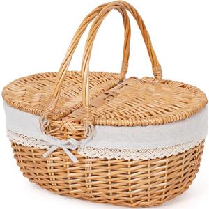 Happypicnic Wicker Picnic Basket with Handle, 15" Large Empty Picnic Basket with Lid & Removable Liner, Vintage Hand Woven Basket for Picnics, Camping, Veg Picking, Mother's Day, Thanksgiving (Solid)