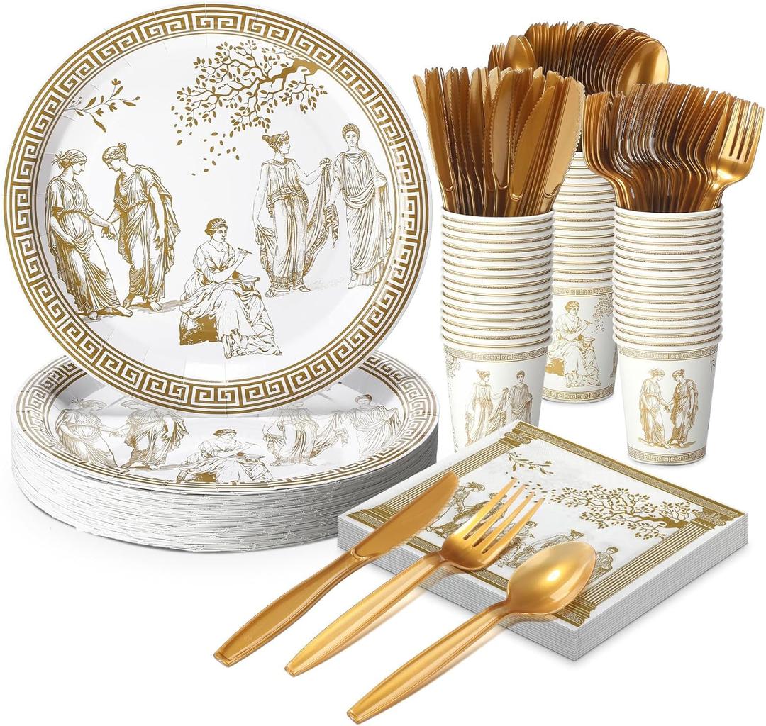Yungyan 300 Pcs Greek Mythology Party Supplies Bulk for 50 Guests, Ancient Greece Inspired Greek Mythology Plates Napkins Cups Forks, Tableware Set for Birthday, Holiday and Party Supplies
