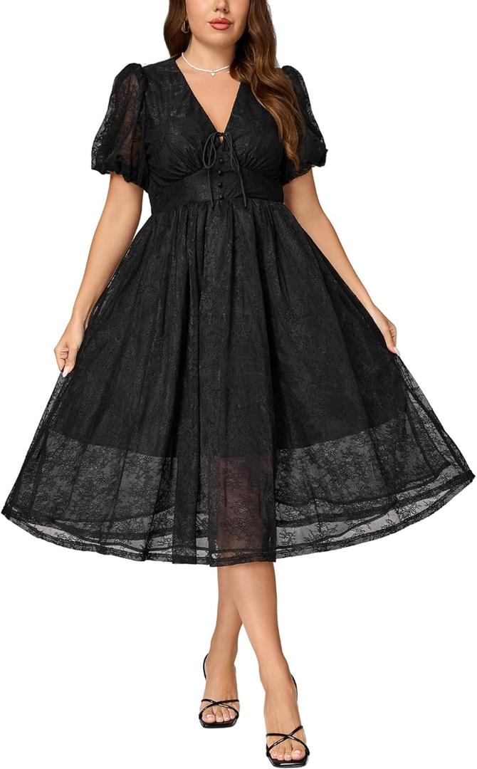 Women's Plus Size Cocktail Dress - V Neck Short Sleeve Lace Midi Dress | Semi Formal Wedding Guest Prom Attire (Large, Black)