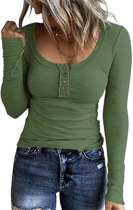 Womens Henley Tops Long Sleeve Women's Long Sleeve Henley T Shirts Button Down Slim Fall Fit Tops Scoop Neck Ribbed Knit Blouse Green, Size S