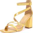 geluboao Heels for Womens Sexy Open Square Toe Strappy Chunky High Heels Sandals Ankle Strap Buckle Block Heeled Sandals Size 7