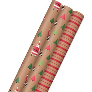 Hallmark Christmas Wrapping Paper Rolls, Brown Kraft Holiday Gift Wrap (Pack of 3: 90 sq. ft. ttl) Kraft with Santas, Trees, Stripes, 3 Count