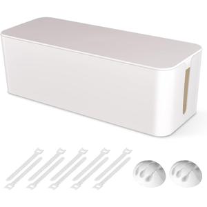 Cable Management Box, Large Cord Organizer Box to Hide Power Strip & Under Desk,TV Computer Wires Cable Organizer Hider Box with Cable Clips&Reusable Cable Ties for Home/Office(White)