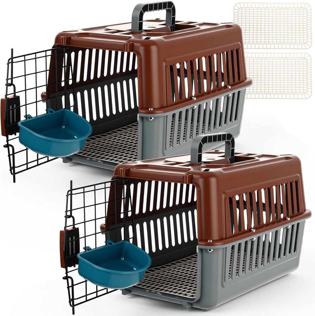 2 Set Travel Pet Carriers for Small Cat Dog Plastic Hard Shell Carrier Cat with Bowl Wire Door Grille Mat Portable Breathable Security Lock Puppy Kennel for Travel Airline, 17.5", up to 13lbs(Brown)