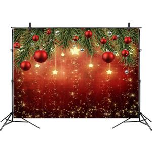HVEST 10X10ft Merry Christmas Backdrop, Red and Silver Xmas Balls and Gold Stars Photography, Winter Holiday Photo Banner Curtains, Happy Birthday Party