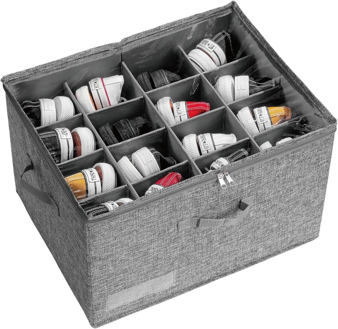 Shoe Organizer for Closet, Fits 16 Pairs, Large Shoe Box Storage Containers with Clear and Adjustable Cover, Space Saving Shoe Holder with Handle, 20.5L x 16.5W x 12.6H,Grey