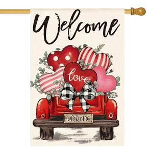 AVOIN colorlife Valentines Day House Flag 28x40 Inch Double Sided Outside, Love Hearts Truck Rustic Yard Outdoor Flag
