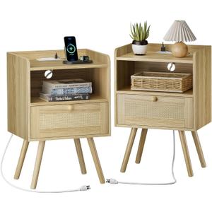 SUPERJARE Nightstands Set of 2, Night Stands with Charging Station & PE Rattan Decor Drawer, Bed Side Tables with Solid Wood Feet, End Table, for Bedroom, Living Room - Natural (11.8"D x 15.9"W x 23.4"H (1 Drawers)