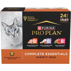 Purina Pro Plan Complete Essentials Chicken, Turkey and Beef Grain Free Wet Cat Food Variety Pack - (24) 3 oz. Cans (EXP 03/01/28)