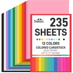 3 otters 235Sheets 8.27" x 11.7" Construction Paper Assorted Colors, 12 Colored Cardstock Printer Paper, for Printing, DIY Crafts, Party Decorations, Teacher Kids Classroom Must Have, 40 lb/150 GSM