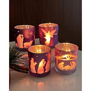 Advent Candle Holder Set of 4, Christian Decoration Votive Candle Holders, Glass Tealight Holders for Christmas Table Centerpieces Nativity Decorations, Purple & Pink