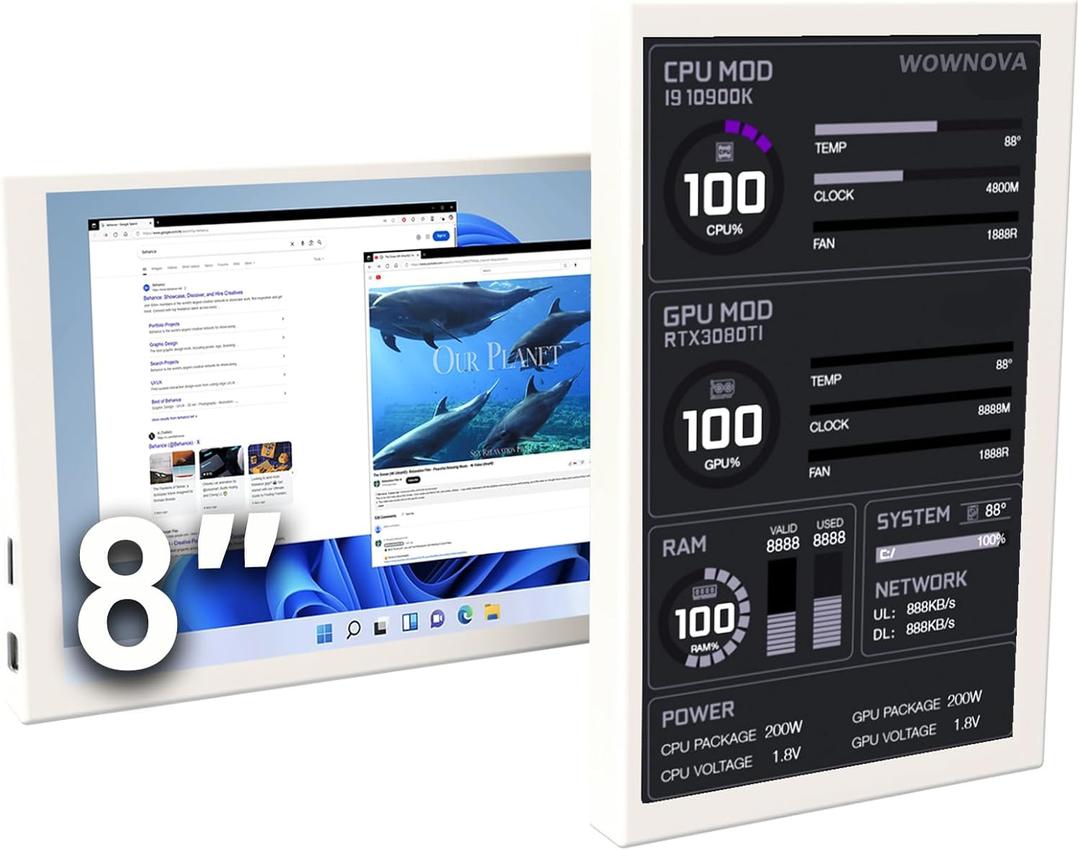 WOWNOVA 8 Inch LCD Screen Inside PC Case Screen (Desktop Mode Added), 1 Click 1 Cable to Get Started Computer Temperature Display Monitor, Sensor Panel for Inside PC Case with Screen (White)