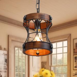 Rustic Chandelier, Modern Farmhouse Chandeliers for Dining Room, Wood Pendant Lights for Kitchen Island Foyer Hallway Bar, 1-Light Retro Rustic Light Fixtures for All Ceilings D 7.5" x H 8.8" (Brown)