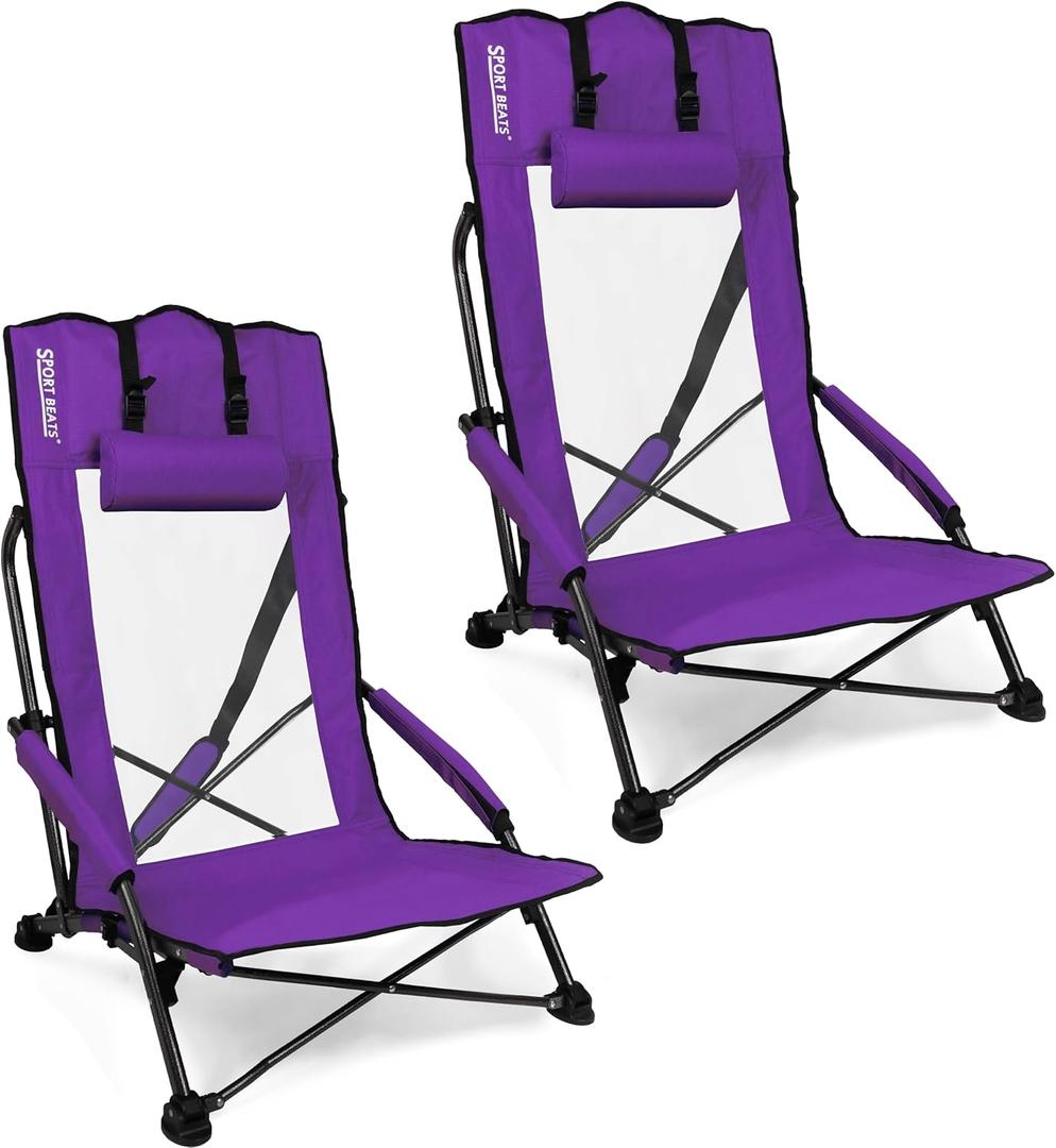 SPORT BEATS Low Beach Chairs Set of 2 Folding Beach Chairs High Back Support with Head Pillows Shoulder Straps (Purple)