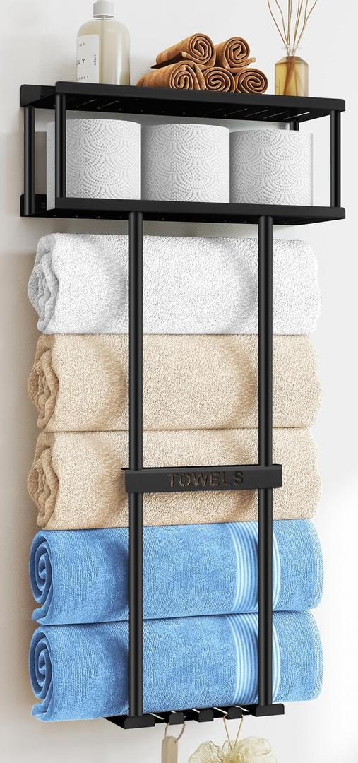 Bathroom Towel Storage Rack, Metal Towel Racks Wall Mounted Can Holds 5 Large Towels, 30.5IN Bathroom Towel Holder with Shelf & Storage Basket, Towel Organizer with 3 Hooks for RV, Apt, Black