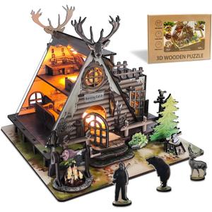 DIY Miniature House Kit,Hunting Cabin House Kit with Furniture Retro Creative Room with LED 3D Wooden Puzzles Crafts Model Building Kit Decor Adults Teens Birthday