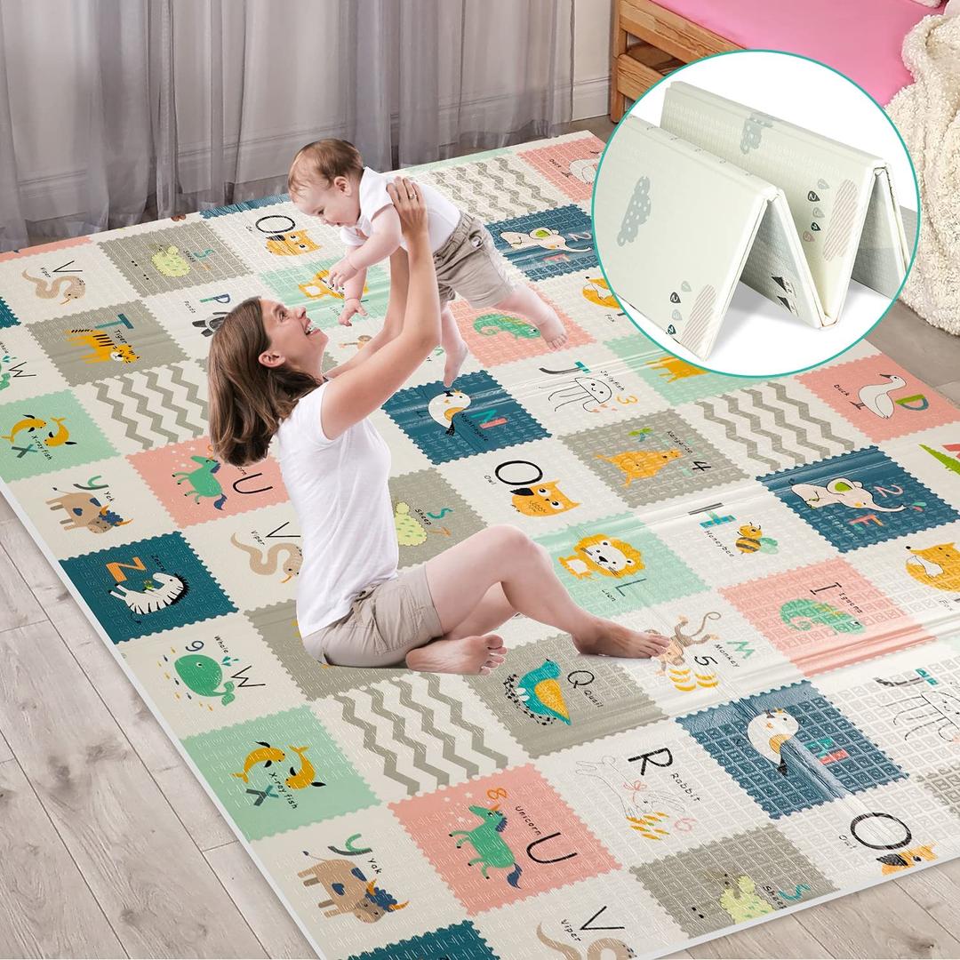 FLAGAV Baby Play Mat, 79x71x0.4inch Extra Large Folding Baby Crawling Mat, Waterproof Reversible Playmat Foam Non Toxic Anti-Slip Portable Kids Play Mat for Infant, Toddler
