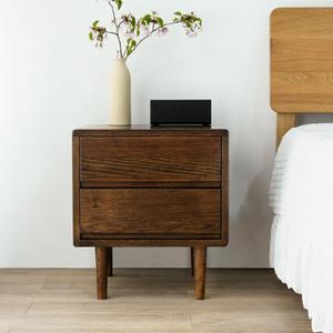 Mid Century Modern Nightstand with 2 Drawers - Boho Style, Small Size, Oak Wood, 17.72 W x 15.75 D x 19.69 H Inches(Walnut)