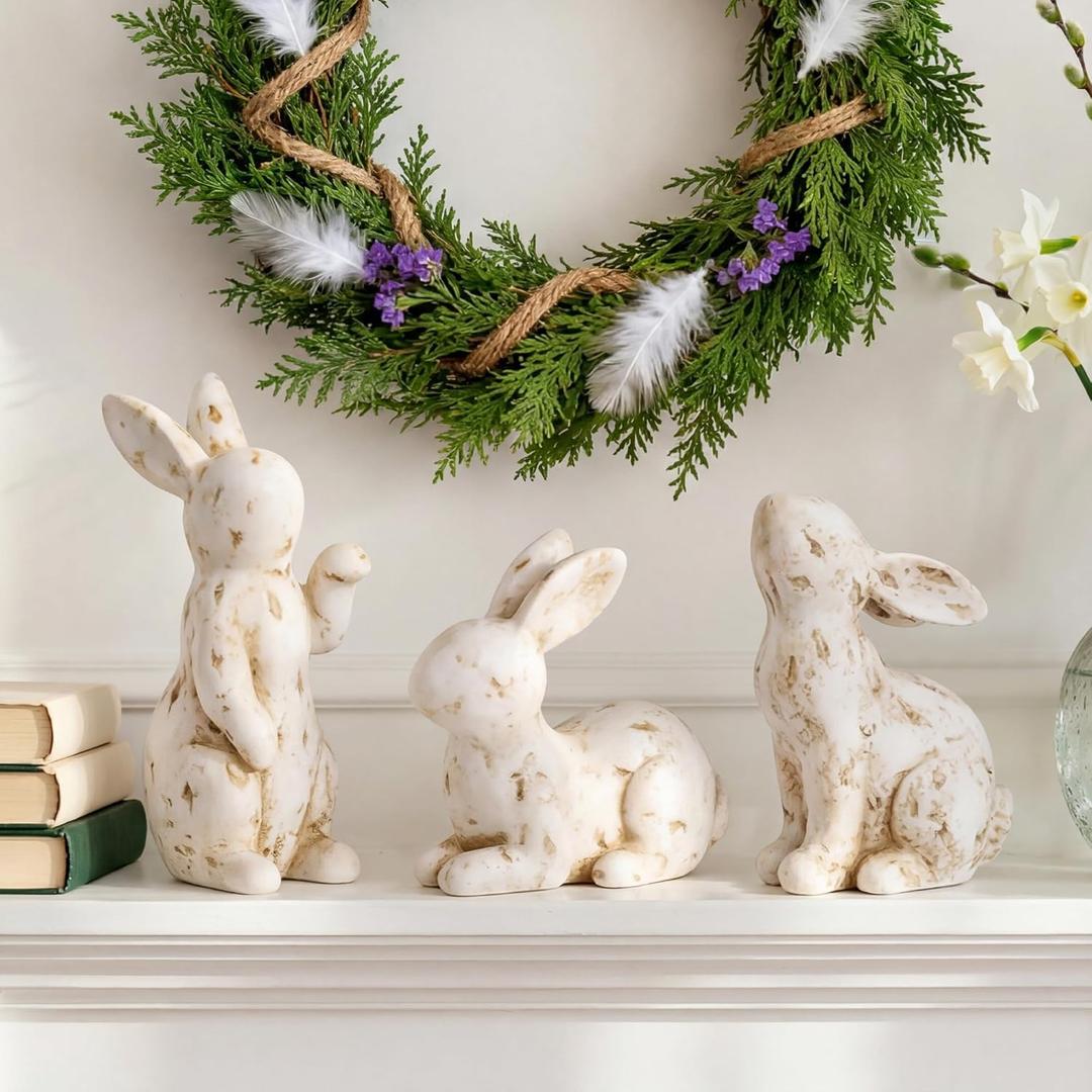 Fovths Easter Bunny Decorations Set of 3, Vintage Resin Bunny Figurines Decor, Rustic Off-White Rabbit Statue, Farmhouse Spring Table Centerpiece for Easter, Mantel, Home Dcor