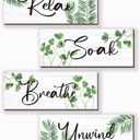4 Pcs Farmhouse Bathroom Wall Decors Relax Soak Unwind Breathe Wooden Word Sign Green Hanging Wall Art Rustic Office Wall Decor for Bedroom Living Room Vintage Decorations(Green Leaves 10X4 Inch)