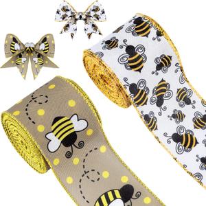 2 Rolls 20 Yards Bee Wired Edge Ribbons Honeybee Canvas Wired Edge Ribbons Black Yellow Wired Edge Ribbon for DIY Craft Wrapping Floral Hanging Ornaments, 2 Styles