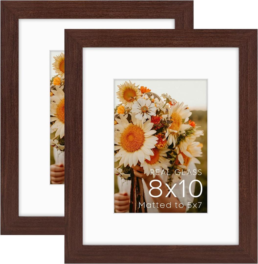 Golden State Art 2 Pack 8x10 Brown Picture Frame Mat for 5x7 Real Glass | Wall Mount Display Horizontally or Vertically, Photo, Art, Poster or Print Display, Brown Frame Finish