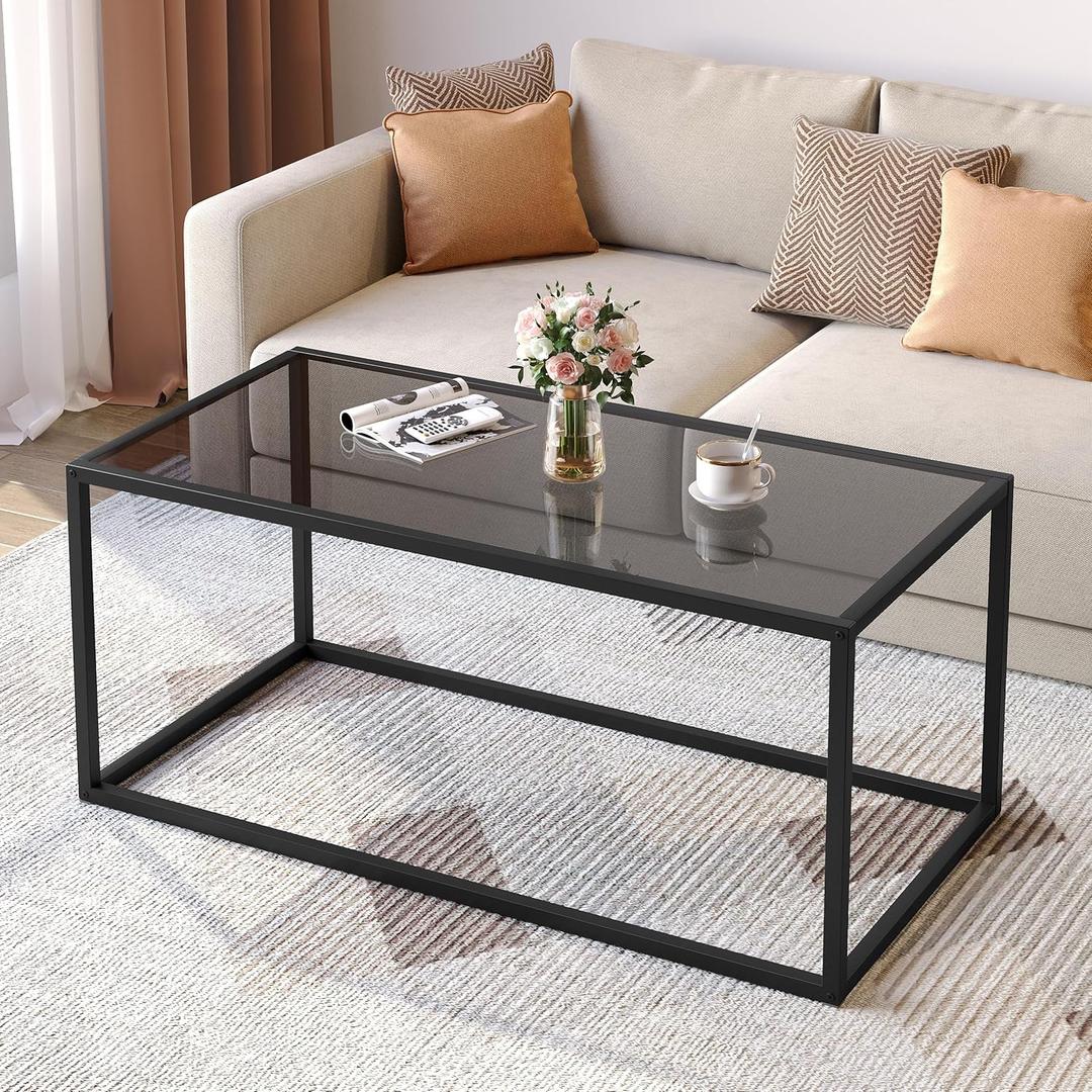 SAYGOER Coffee Table,Tempered Glass Rectangular Center Tables,Modern Tea Table with Open Space for Living Room,Apartment, Office, Small Space,Easy Assembly,Gray Black (39.3"D x 19.7"W x 17.7"H, Grey)