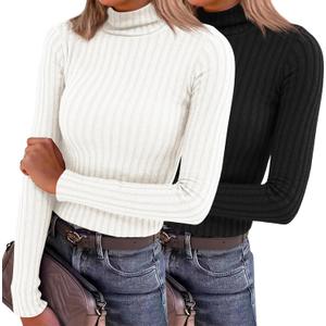 2 Pack Womens Long Sleeve Turtleneck Shirts Basic Fall Thermal Lightweight Pullover Tops Trendy Comfy Undershirts (X-Large, 0-black, Ivory White)