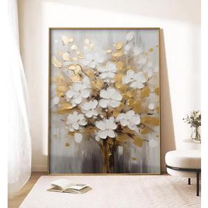 Hand-Painted White and Gold Flowers Oil Painting On Canvas for Living Room,Large 3D Floral Wall Art for Office,Framed Golden Leaf Textured Artwork for Bedroom Wall Decor 32x48inch